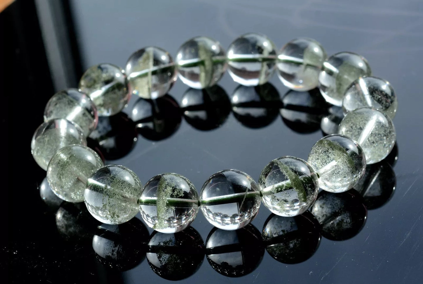 Natural Green Phantom Crystal Ghost Round Beads Man Treatment Bracelet 56.55g