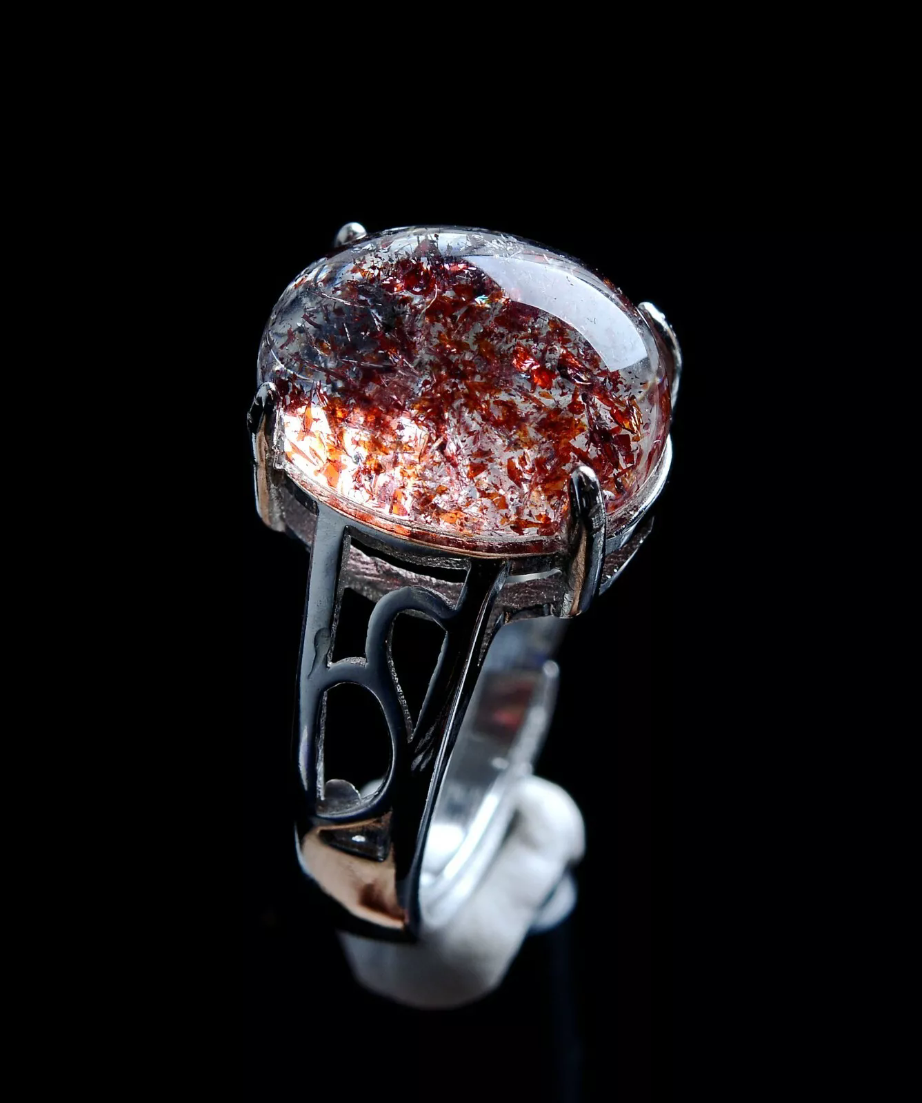 3.4g Natural Red Super Seven Quartz Lepidocrocite Ring Silver Adjustable