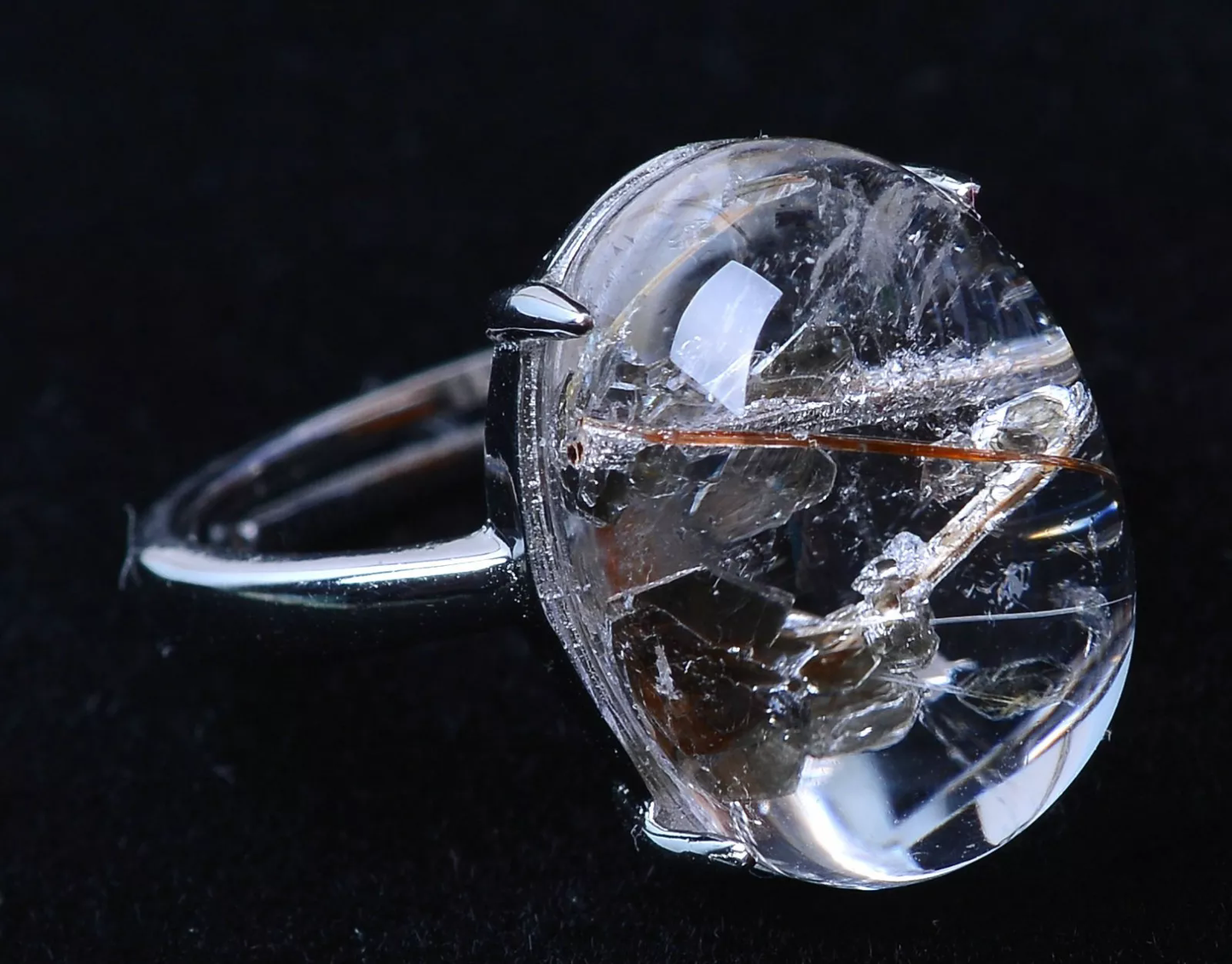 27ctNATURAL MICA QUARTZ "STONE IN STONE" SILVER INLAID CRYSTAL RING ADJUSTABLE