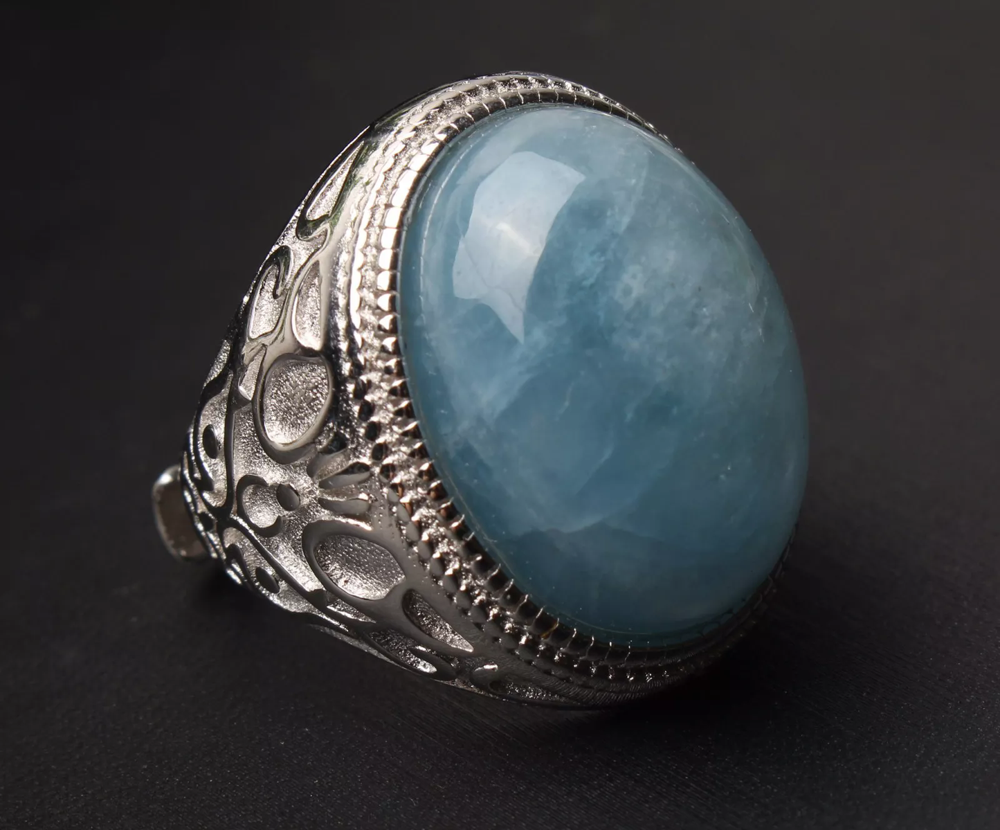 Natural Blue Aquamarine Gemstone Bead Adjustable Woman Ring 21.5x14.5x10mm