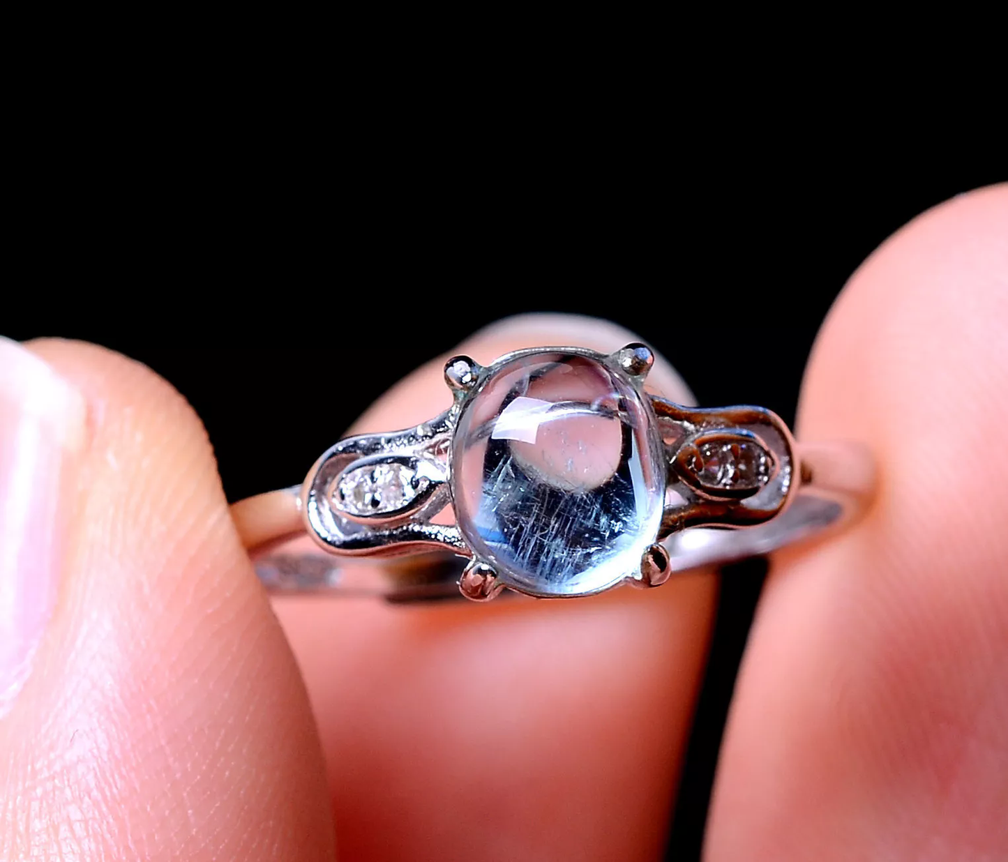 1.79g Natural Blue Aquamarine Gem Grade Bead Adjustable Silver Inlaid Lady Ring