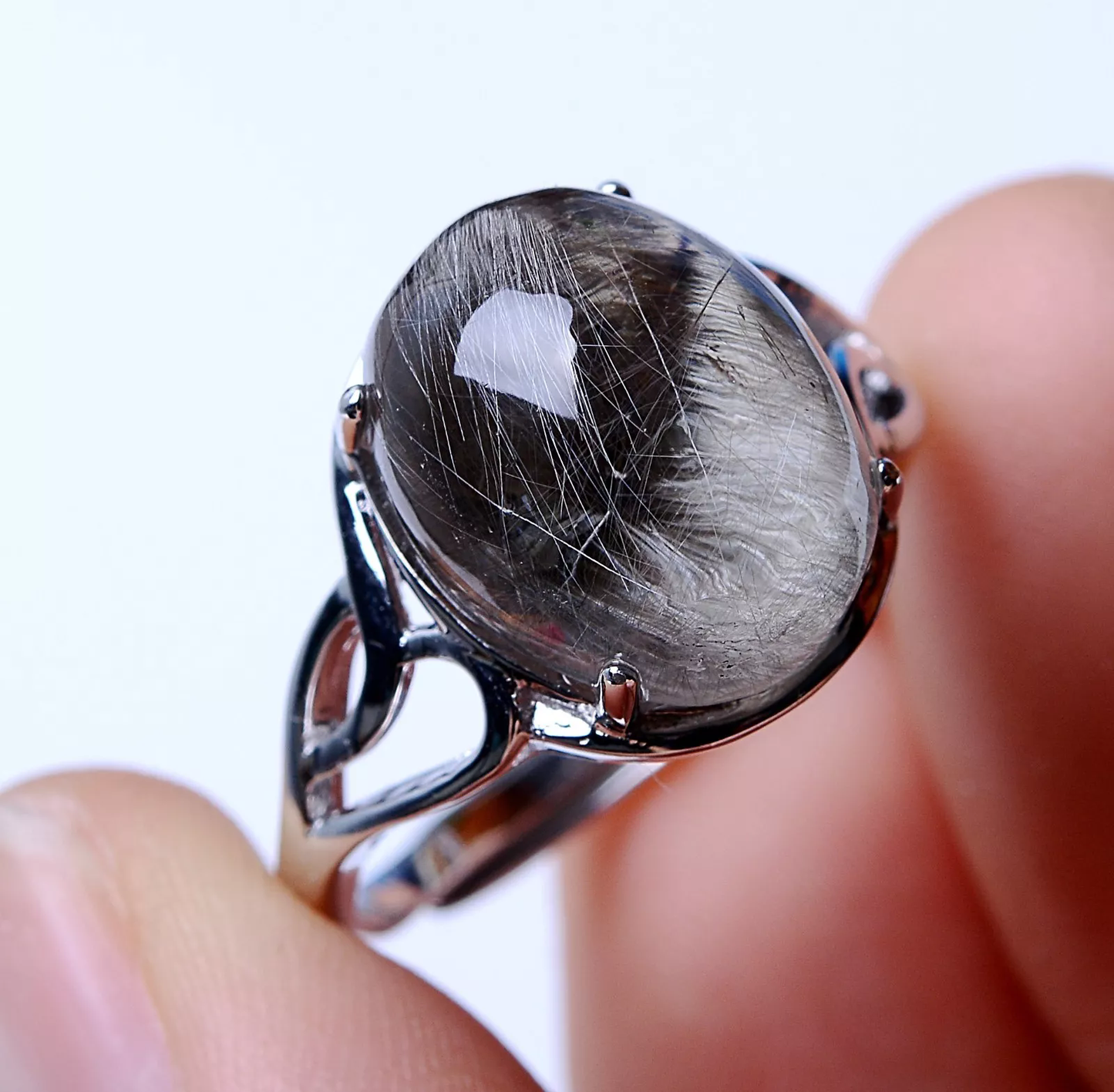 23ct Natural Silver Rutilated Quartz Titanium Crystal Adjustable Silver Ring