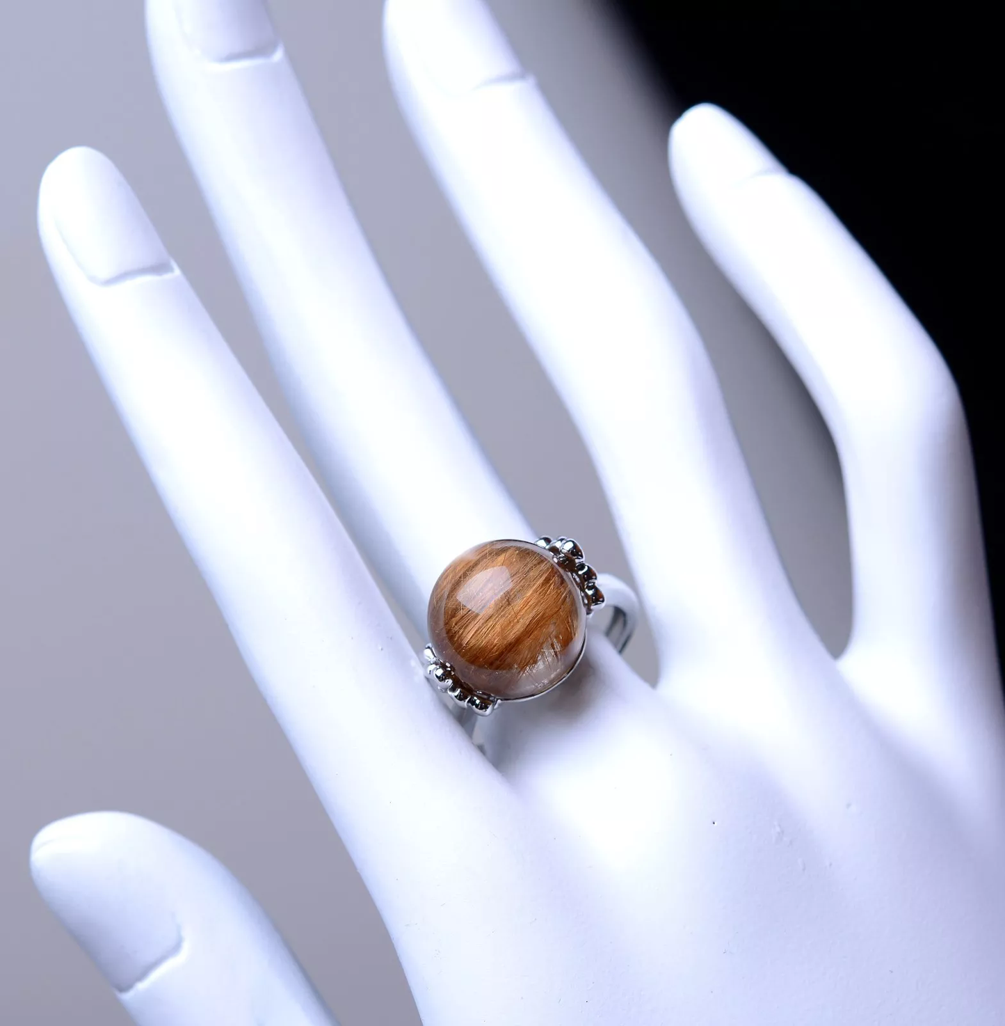 Natural Gold Rutilated Quartz Crystal Powerful Ring Silver Plated Adjustable