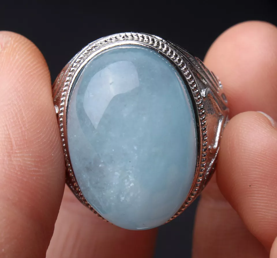 Natural Blue Aquamarine Gemstone Bead Adjustable Woman Ring 21.5x14.5x10mm