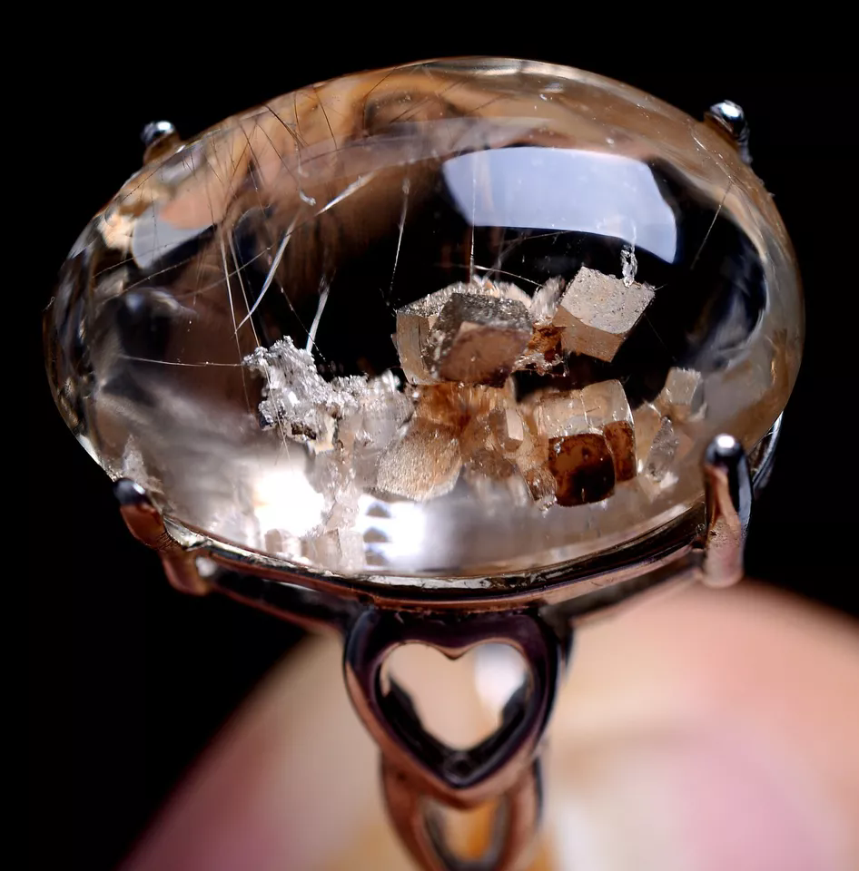 26.25gNATURAL RARE CALCITE GOLD RUTILATED CRYSTAL RING SILVER INLAID ADJUSTABLE