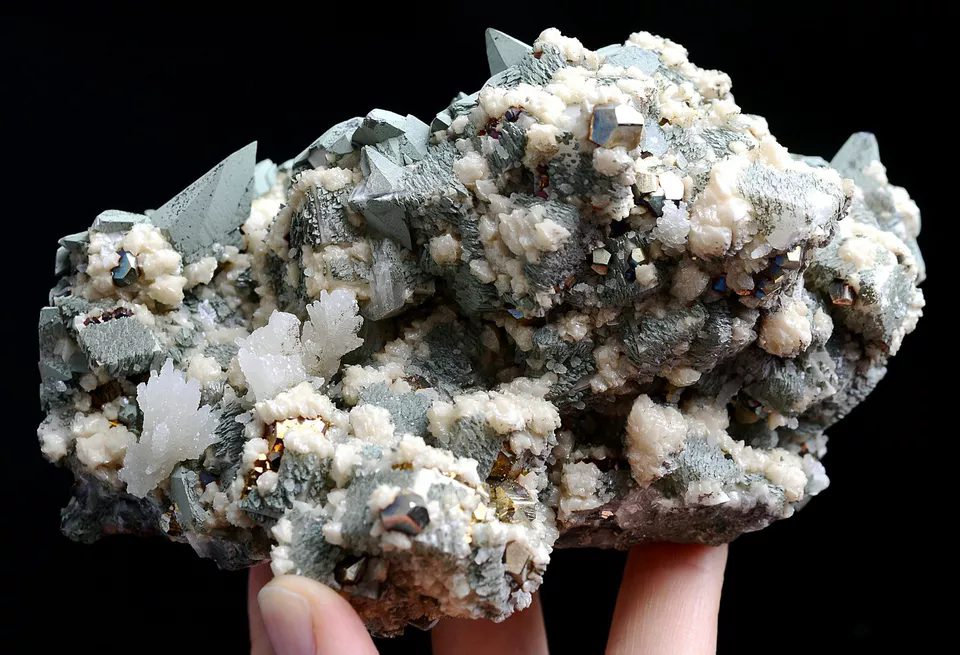 921g Natural Dipyramidal Green Calcite & Pyrite CLUSTER Mineral Specimen/China
