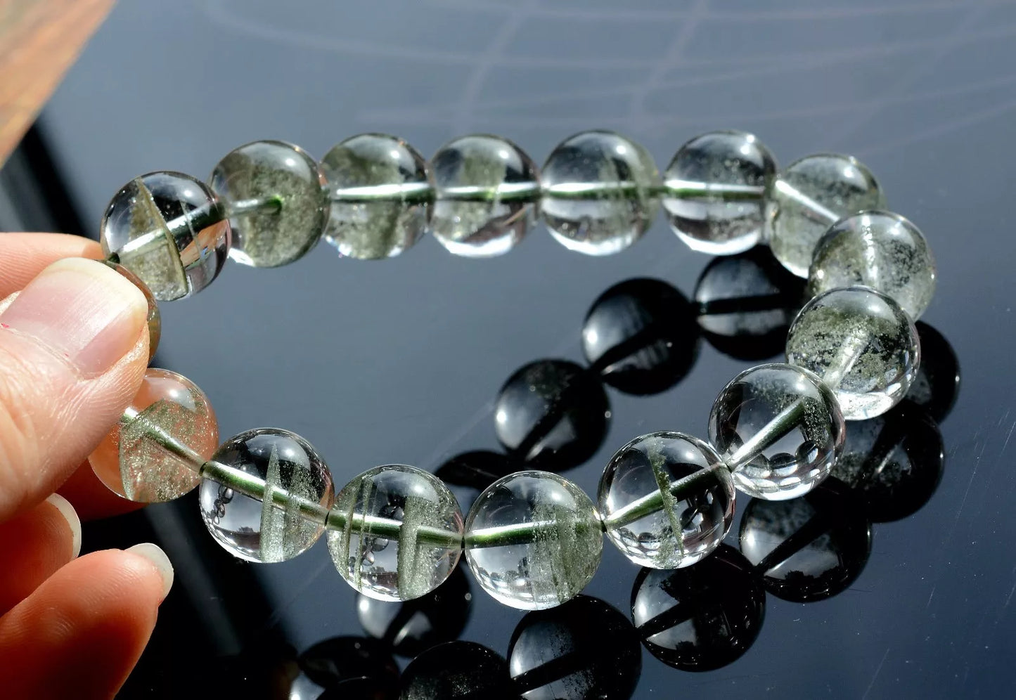 Natural Green Phantom Crystal Ghost Round Beads Man Treatment Bracelet  56.55g