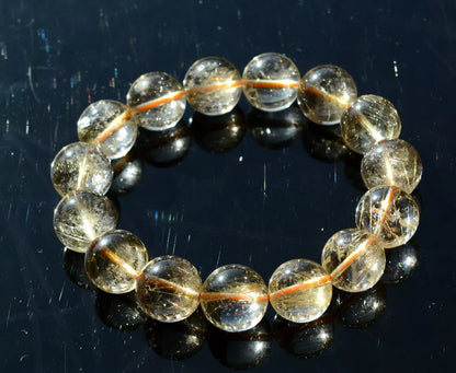 15mm Natural Gold Rutilated Quartz Crystal Woman Men Cure Powerful Bracelet