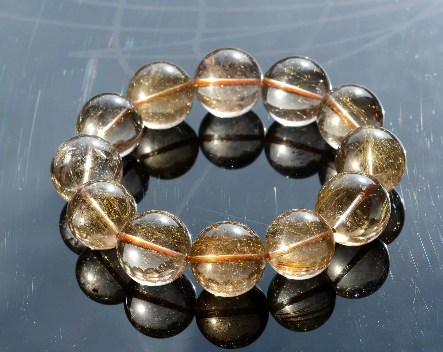 106.79g NATURAL BRAZIL GOLD HAIR RUTILATED QUARTZ BEADS WEALTH BRACELET MEN