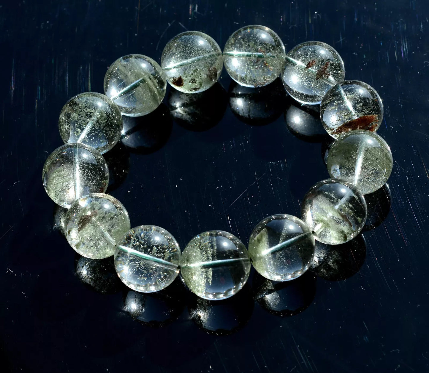 109.36g Natural Cure Green Phantom Crystal Ghost Round Beads Strong Bracelet