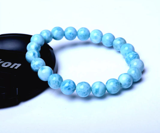 8.1mm BEAUTIFUL ATURAL BLUE LARIMAR GEM GRADE WATER PATTERN BEADS  BRACELET