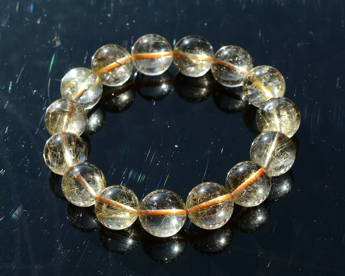 15mm Natural Gold Rutilated Quartz Crystal Woman Men Cure Powerful Bracelet