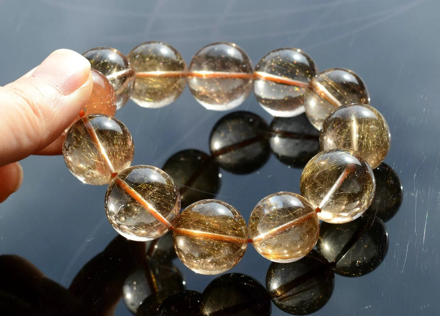 106.79g NATURAL BRAZIL GOLD HAIR RUTILATED QUARTZ BEADS WEALTH BRACELET MEN