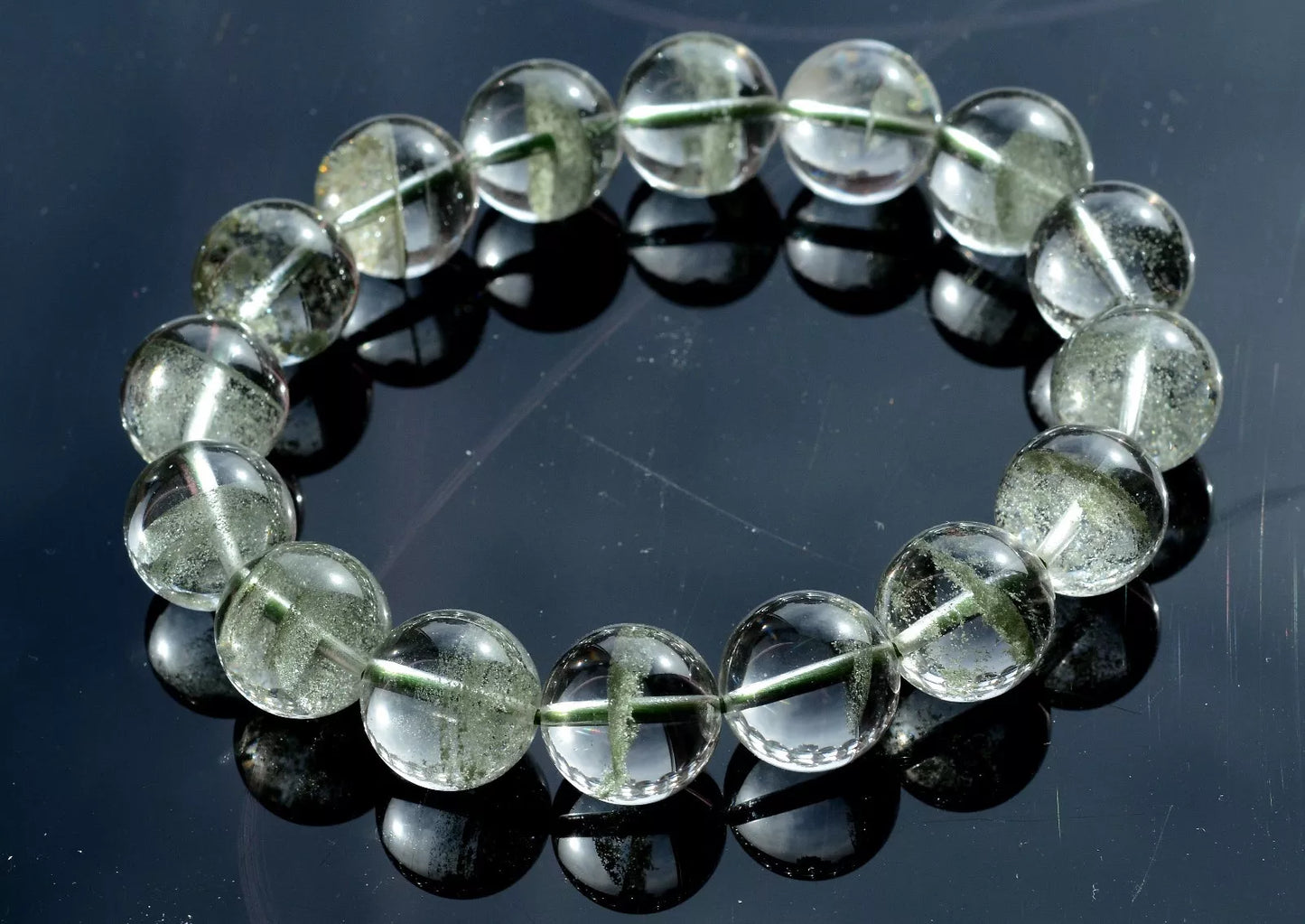 Natural Green Phantom Crystal Ghost Round Beads Man Treatment Bracelet  56.55g