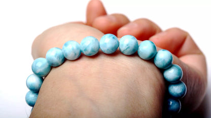 8.1mm BEAUTIFUL ATURAL BLUE LARIMAR GEM GRADE WATER PATTERN BEADS  BRACELET