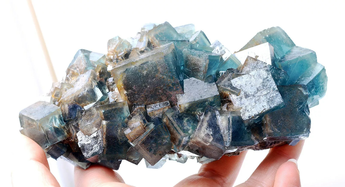 609gTransparent Blue-Green Cube Fluorite CRYSTAL CLUSTER Mineral Specimen/China