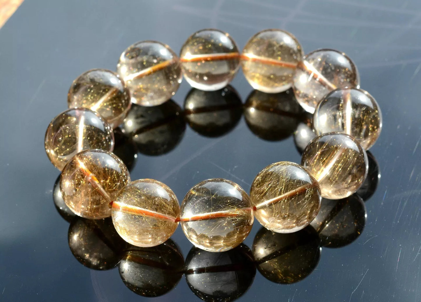 106.79g NATURAL BRAZIL GOLD HAIR RUTILATED QUARTZ BEADS WEALTH BRACELET MEN