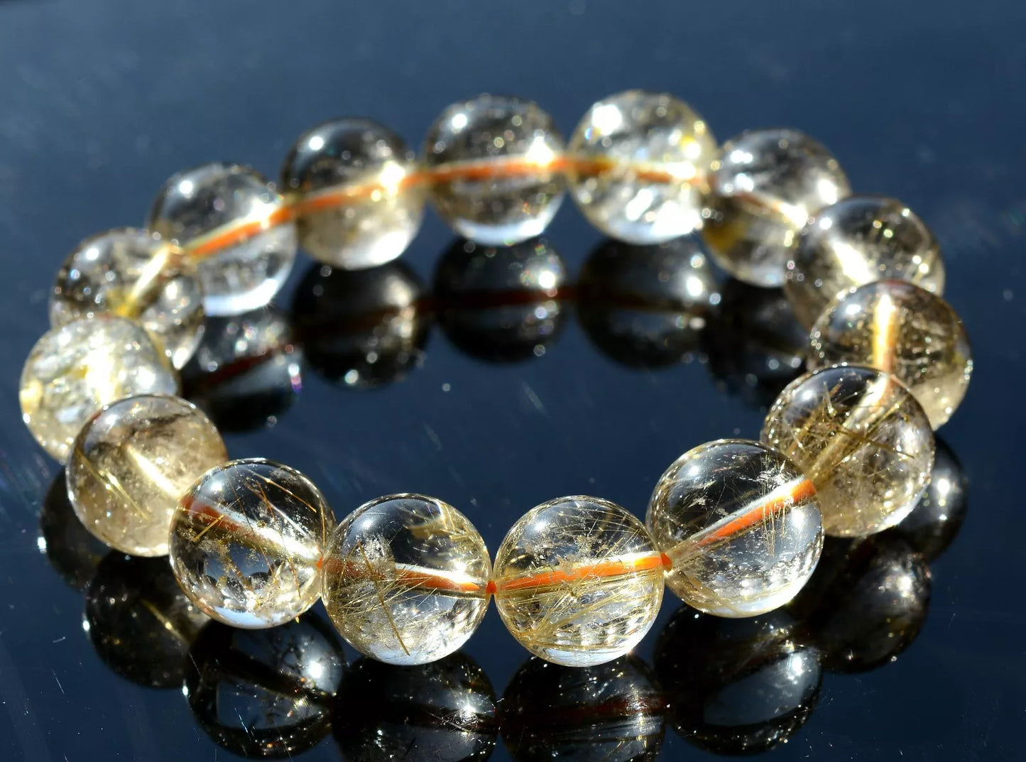 15mm Natural Gold Rutilated Quartz Crystal Woman Men Cure Powerful Bracelet