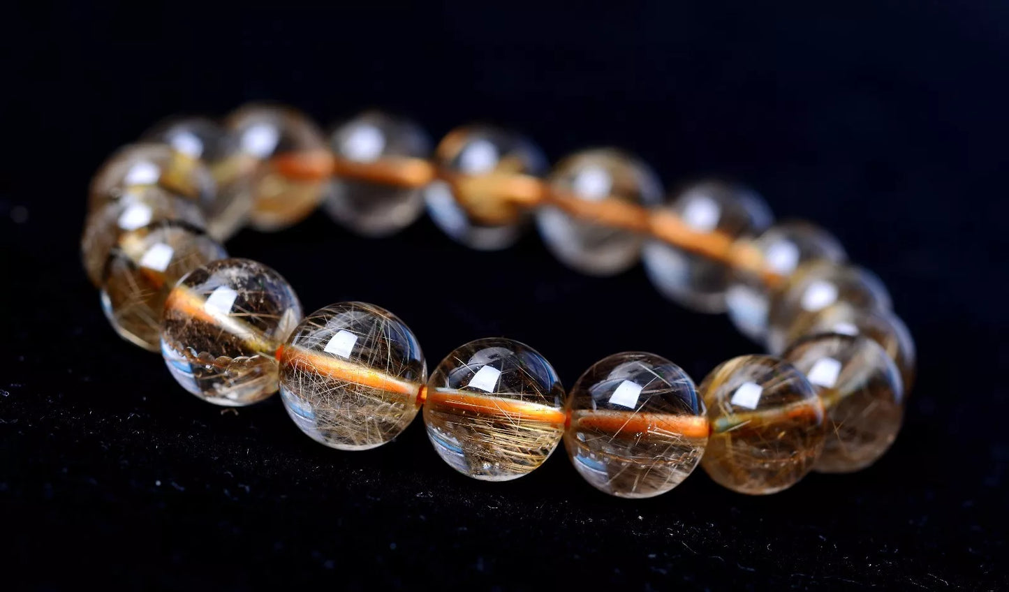 Natural Brazil Gold Hair Rutilated Quartz Beads Wealth Bracelet Men  35.67g