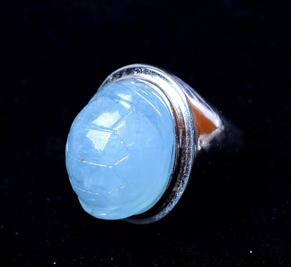 78.86ct Natural Blue AQUAMARINE GEMSTONE Carving Silver Plated Ring Adjustable