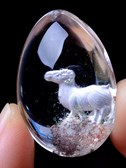 Carving Animal Sheep Natural Inner Scene Ghost Quartz Crystal Pendant 98.86ct