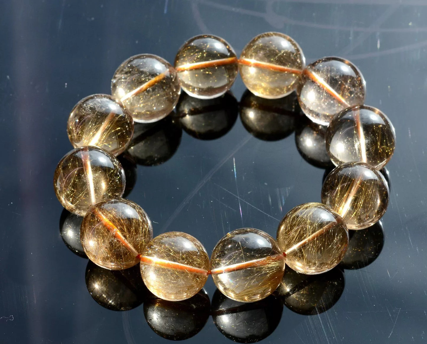 106.79g NATURAL BRAZIL GOLD HAIR RUTILATED QUARTZ BEADS WEALTH BRACELET MEN