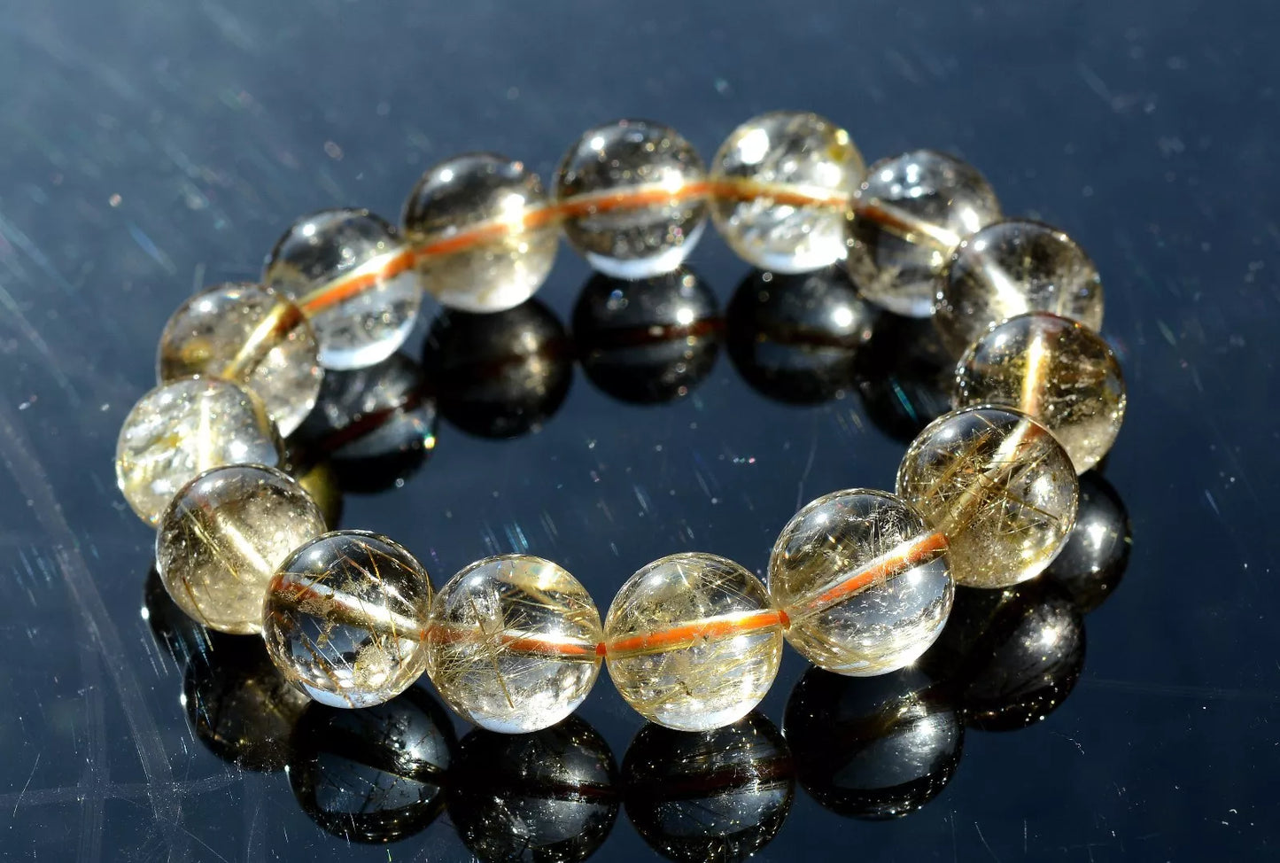 15mm Natural Gold Rutilated Quartz Crystal Woman Men Cure Powerful Bracelet