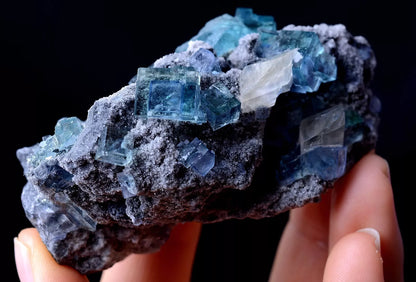 New Find Transparent Blue Cube Fluorite Calcite Cluster Mineral Specimen 92.57g