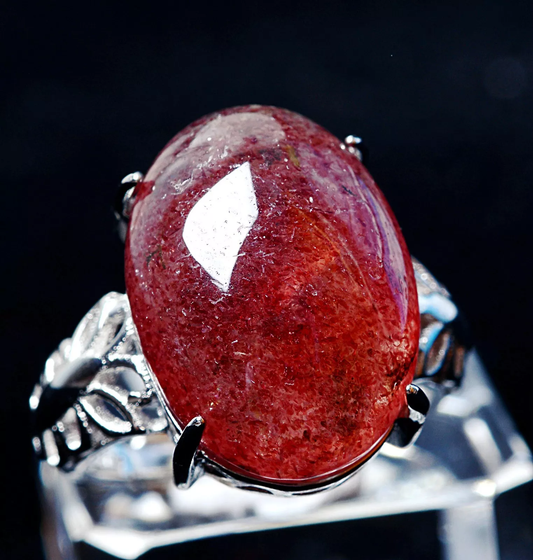 Beautiful Natural Red Strawberry Quartz Gemstone  Adjustable Ring 18.5x13x9mm