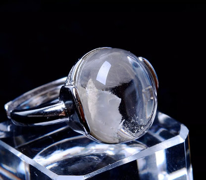 14*14*8mm Natural Clear Rutilated "Stone Inside Stone"Quartz Crystal Ring