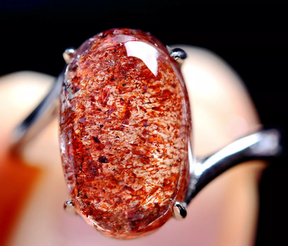 17ct Natural Red Super Seven Quartz Lepidocrocite Fine Silver Ring  Adjustable