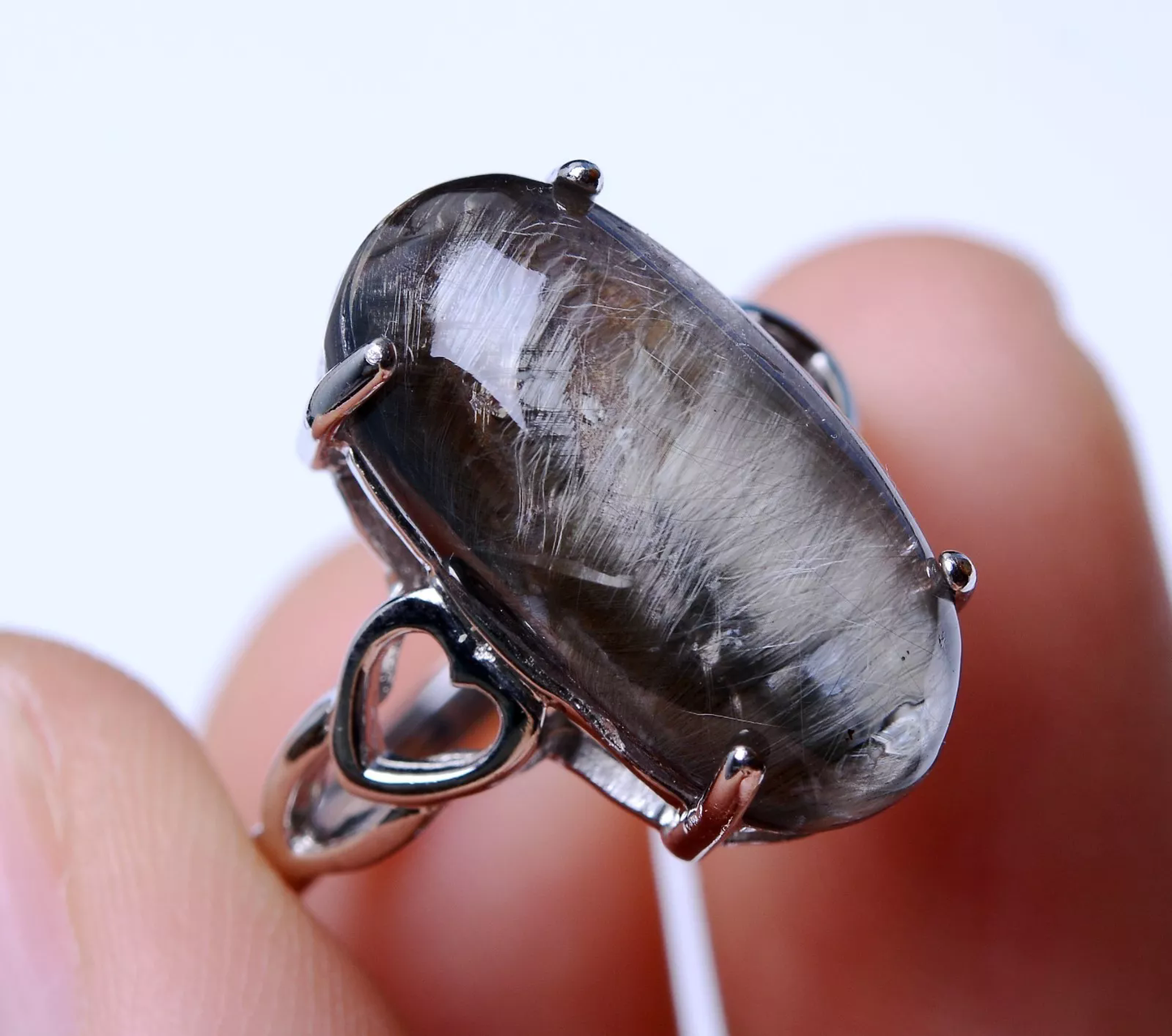 20.85ct Natural Silver Rutilated Quartz Titanium Crystal Adjustable Silver Ring