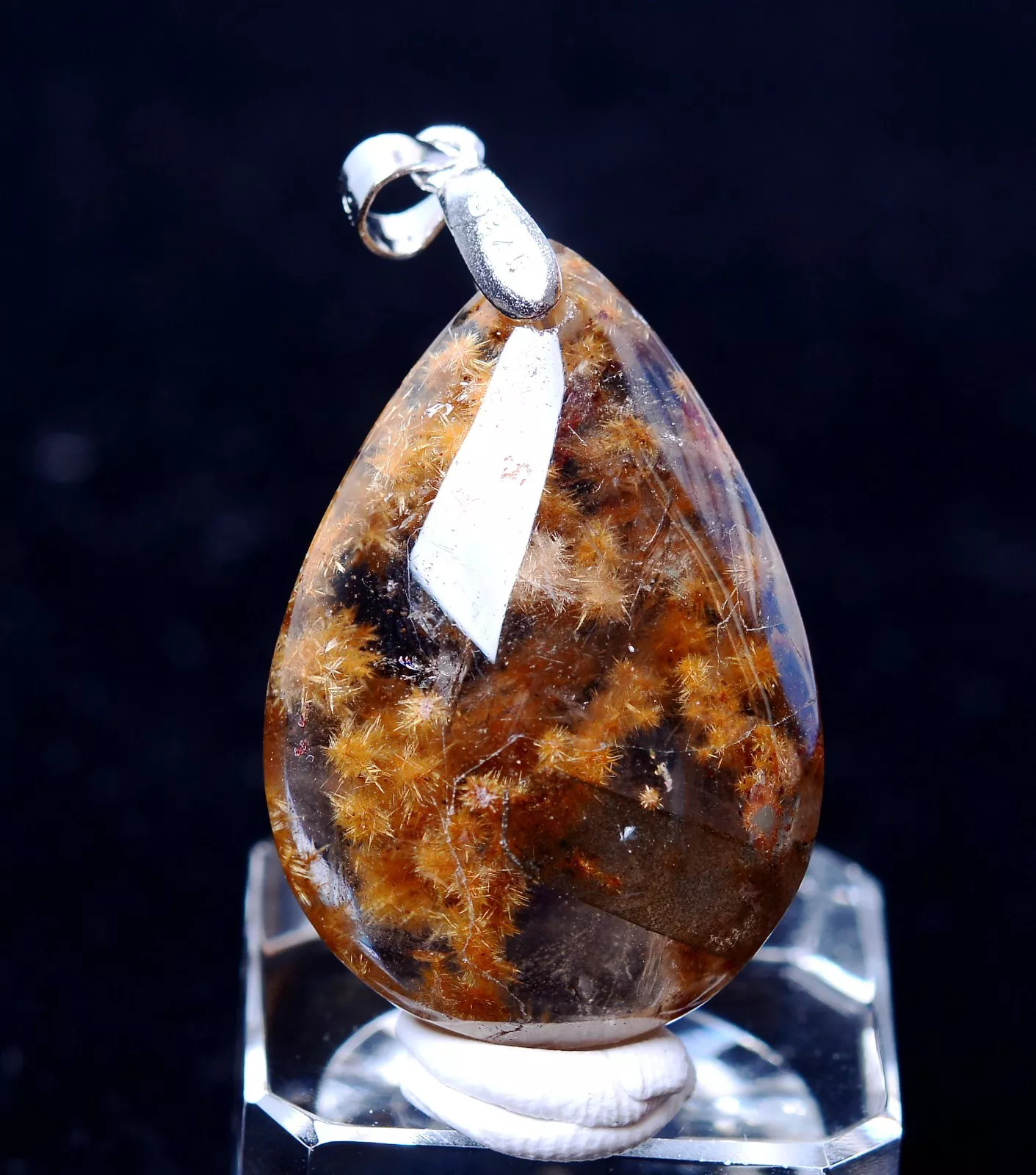 Natural Gold Rutilated Quartz Crystal "Stone Inside Stone" Silver Pendant 9.68g