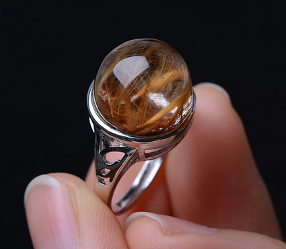 NATURAL GOLD HAIR RUTILATED QUARTZ CIRCULAR BEAD RING Silver Plated ADJUSTABLE