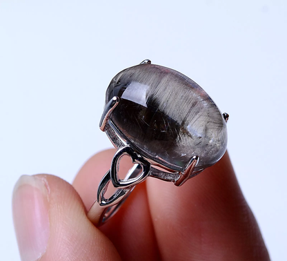 24.55ct Natural Silver Rutilated Quartz Titanium Crystal Adjustable Silver Ring