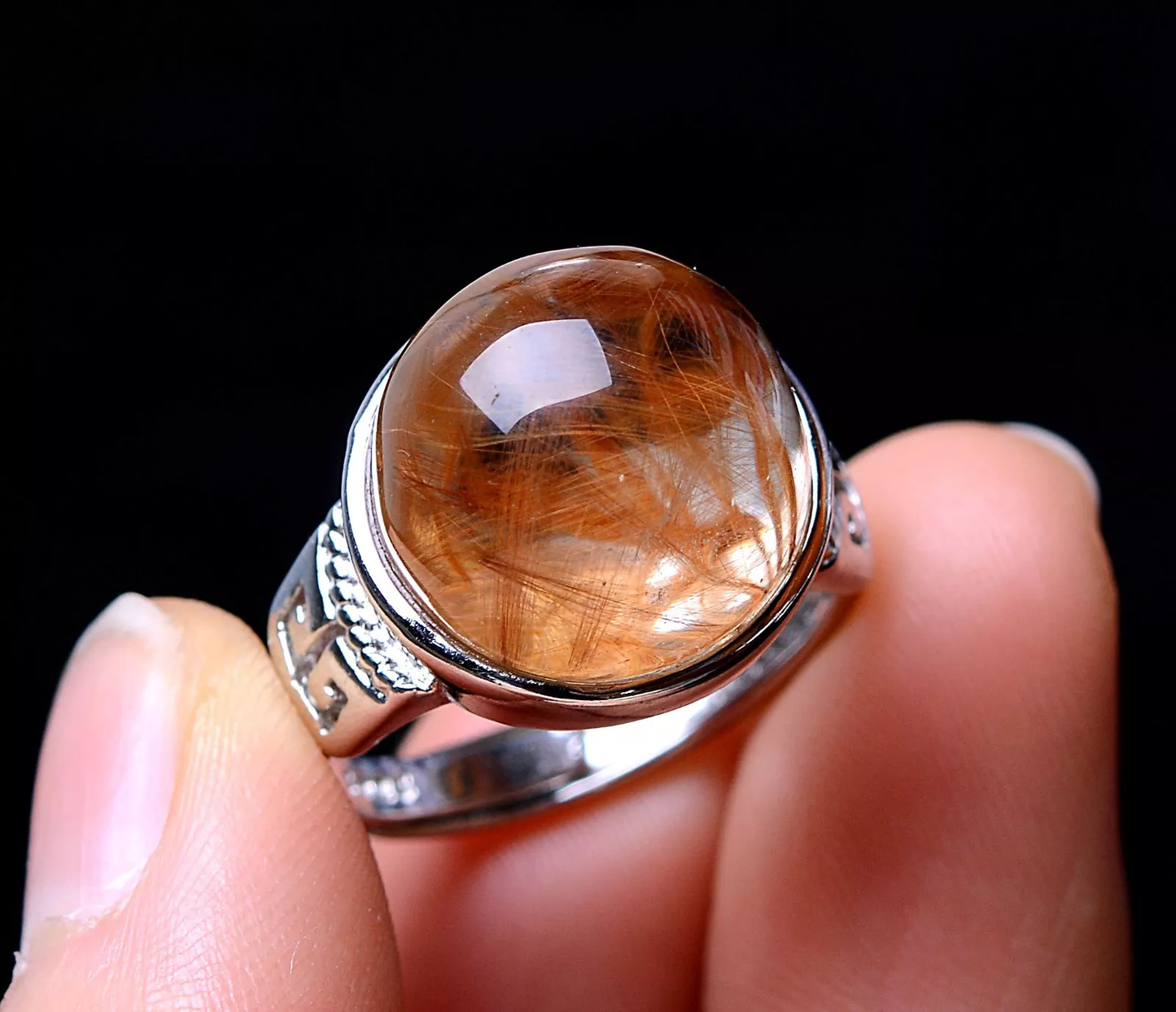 36.60CT NATURAL GOLD HAIR RUTILATED QUARTZ RING SILVER PLATED ADJUSTABLE