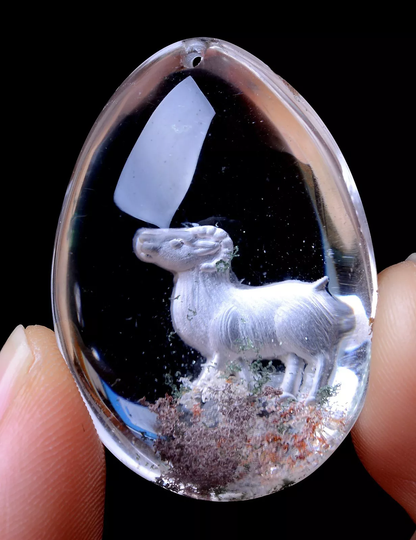 Carving Animal Sheep Natural Inner Scene Ghost Quartz Crystal Pendant 98.86ct