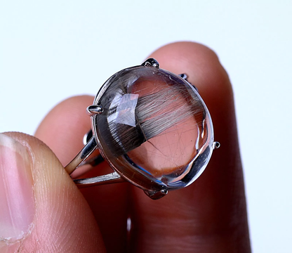 Natural Silver Gold Rutilated Quartz Titanium Crystal Adjustable Silver Ring