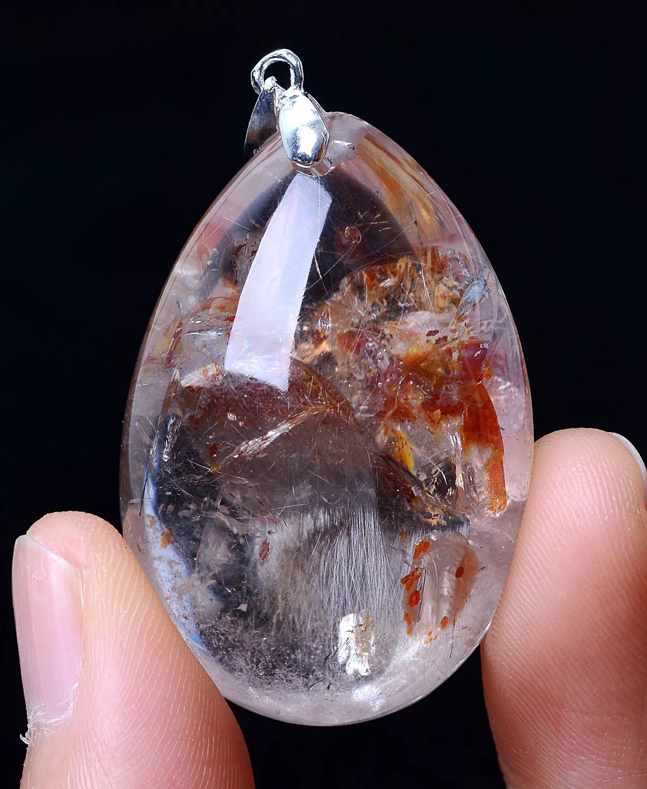 NATURAL SILVER RUTILATED QUARTZ TITANIUM CRYSTAL SILVER INLAID PENDANT 20.60g