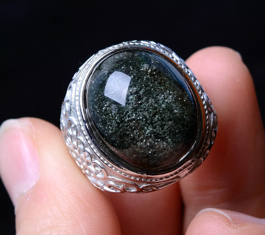 57.30CT Rare Natural Green Ghost Crystal Healing Wealth Men Adjustable Ring