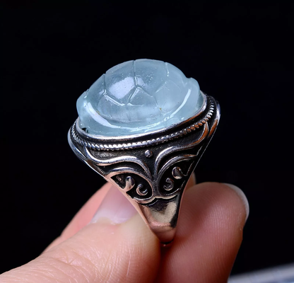 60.65ct Natural Blue AQUAMARINE GEMSTONE Carving Silver plated Ring Adjustable