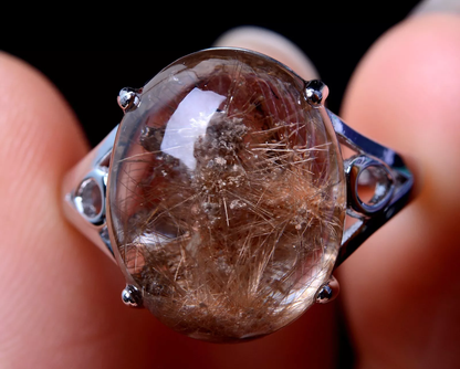 NATURAL GOLD RUTILATED QUARTZ CRYSTAL CURE WOMAN RING SILVER INLAID ADJUSTAB