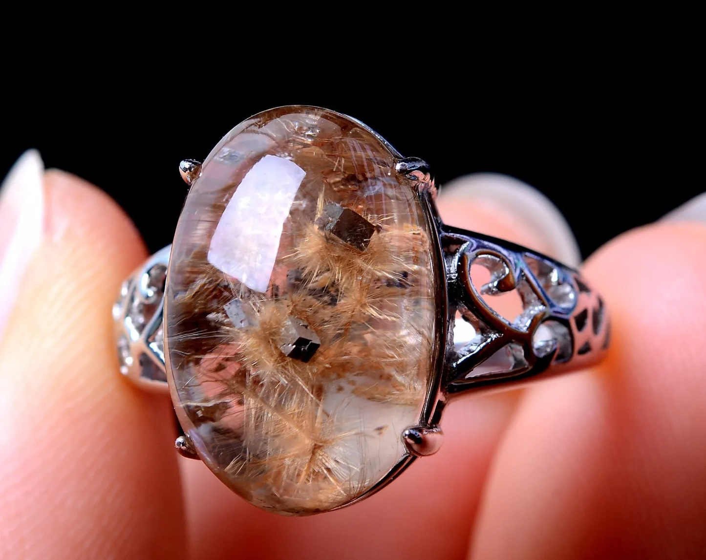 NATURAL CALCITE GOLD RUTILATED QUARTZ CRYSTAL RING SILVER INLAID ADJUSTABLE