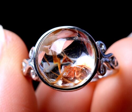 18.21CT BEAUTIFUL NATURAL CALCITE GOLD RUTILATED QUARTZ CRYSTAL RING ADJUSTABLE