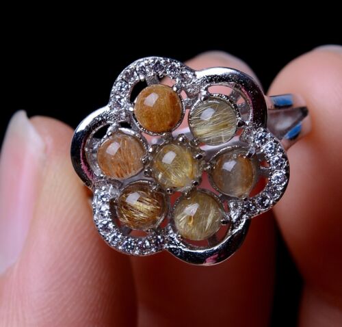 Natural Clear Quartz Hair Sunflower Rutilated Crystal Adjustable Ring4.08g