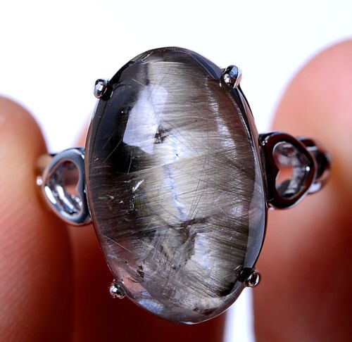 24.55ct Natural Silver Rutilated Quartz Titanium Crystal Adjustable Silver Ring