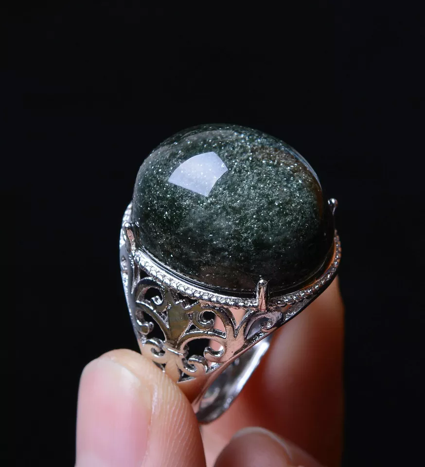 Rare Natural Green Ghost Crystal Healing Wealth Men Adjustable Ring 21*18*13mm