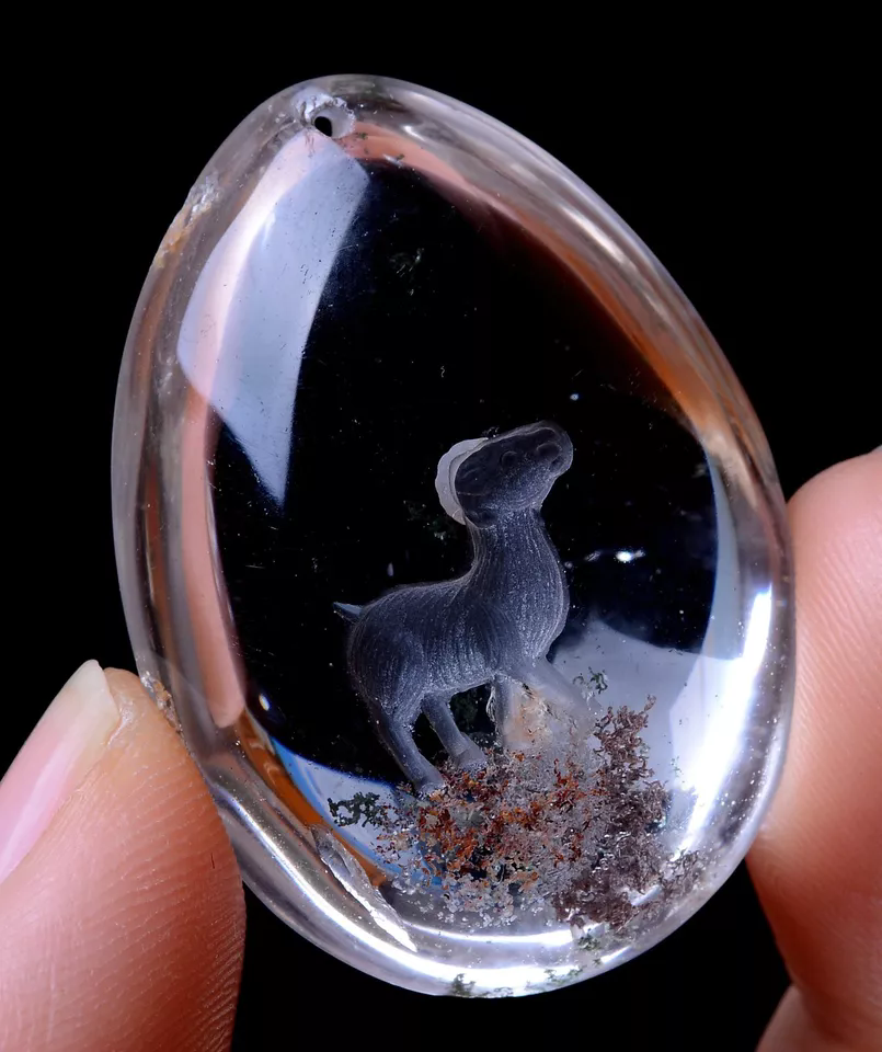 Carving Animal Sheep Natural Inner Scene Ghost Quartz Crystal Pendant 98.86ct