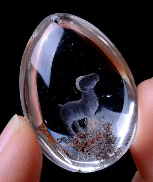 Carving Animal Sheep Natural Inner Scene Ghost Quartz Crystal Pendant 98.86ct