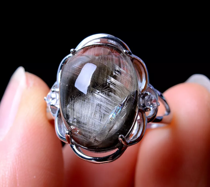 NATURAL SILVER RUTILATED QUARTZ TITANIUM CRYSTAL ADJUSTABLE SILVER INLAID RING